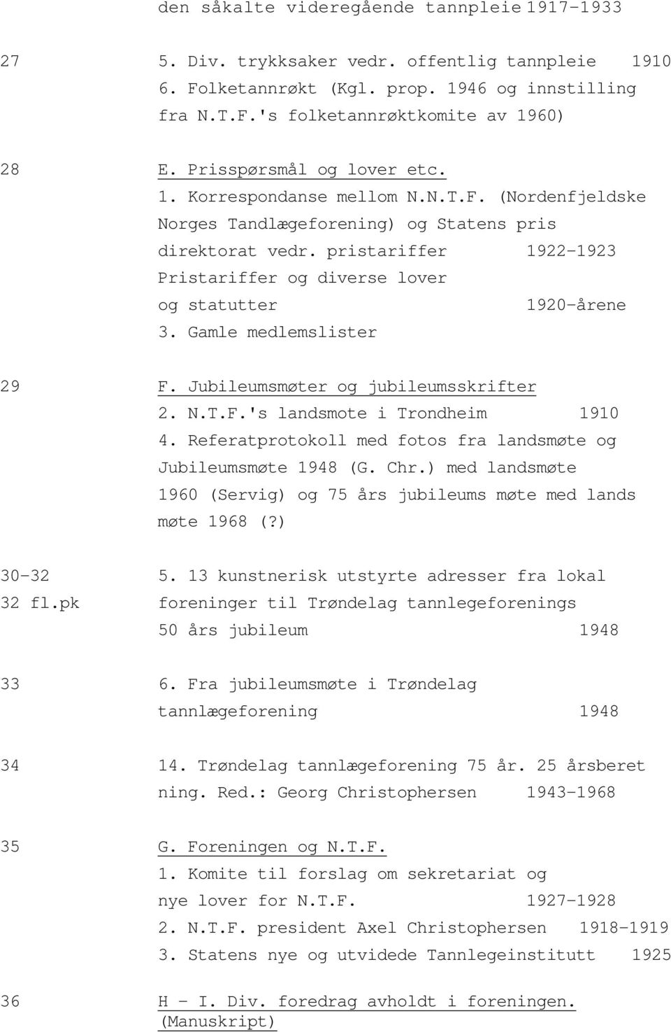 pristariffer 1922-1923 Pristariffer og diverse lover og statutter 1920-årene 3. Gamle medlemslister 29 F. Jubileumsmøter og jubileumsskrifter 2. N.T.F.'s landsmote i Trondheim 1910 4.