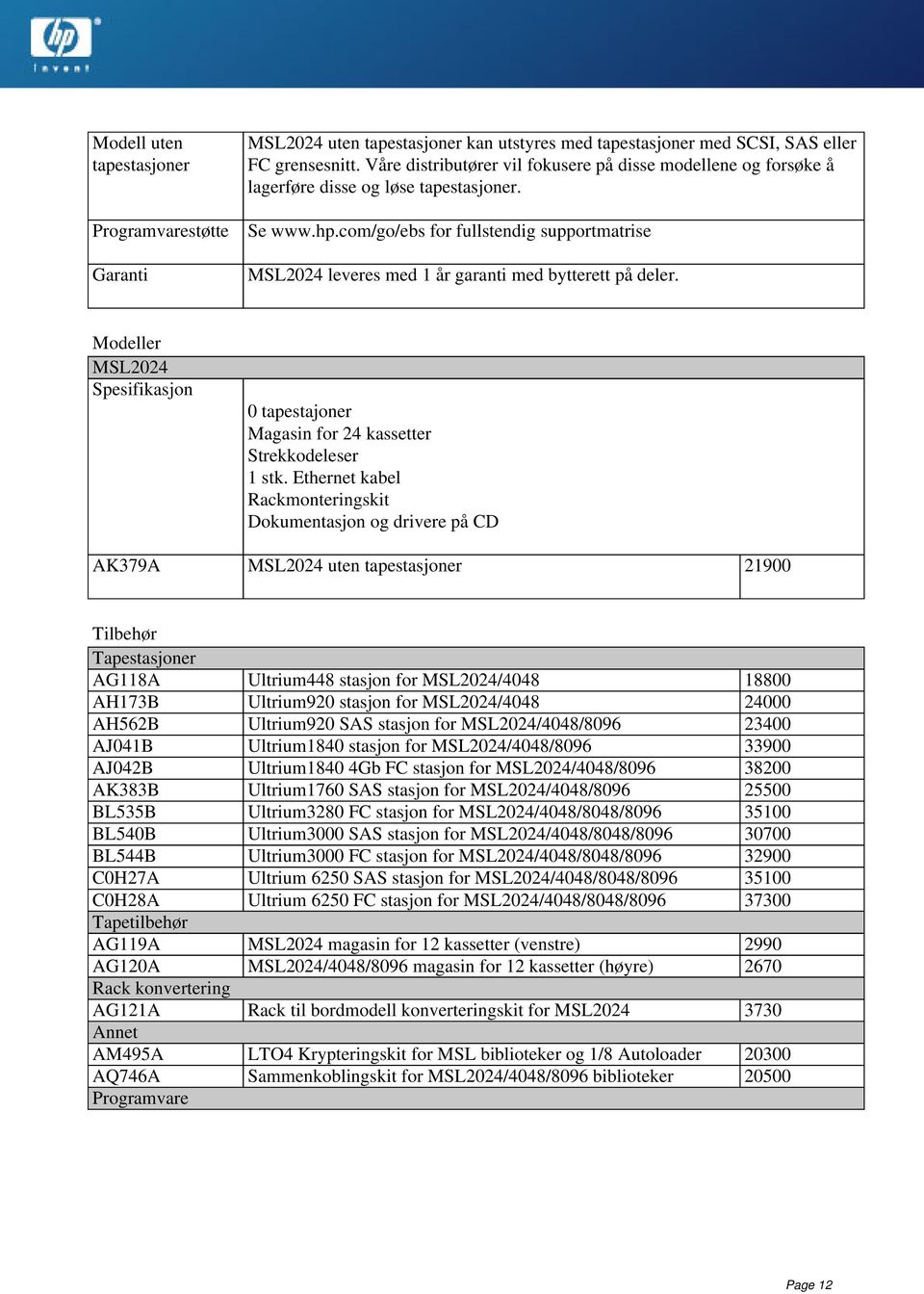 com/go/ebs for fullstendig supportmatrise Garanti MSL2024 leveres med 1 år garanti med bytterett på deler. Modeller MSL2024 Spesifikasjon 0 tapestajoner Magasin for 24 kassetter Strekkodeleser 1 stk.