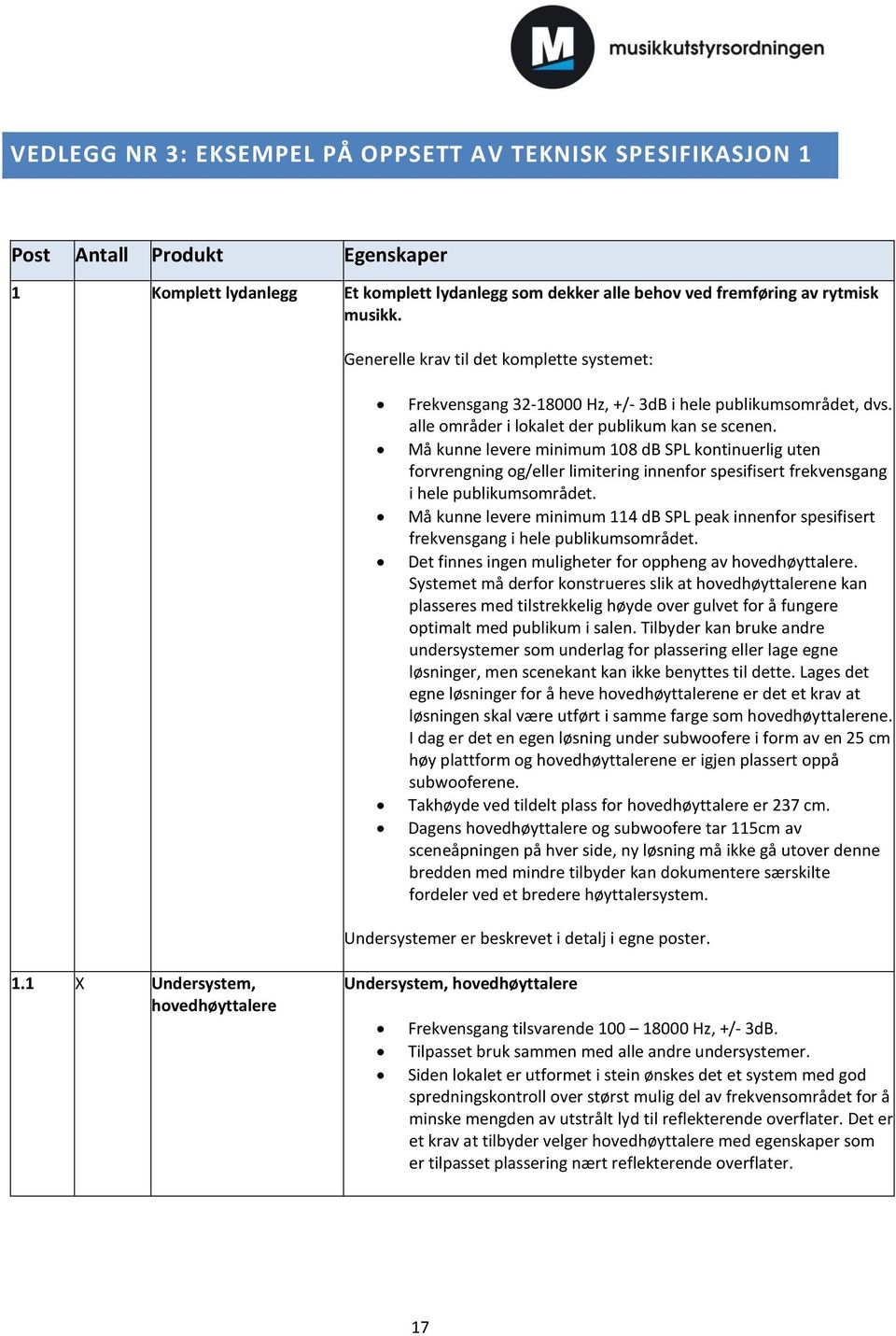 Må kunne levere minimum 108 db SPL kontinuerlig uten forvrengning og/eller limitering innenfor spesifisert frekvensgang i hele publikumsområdet.