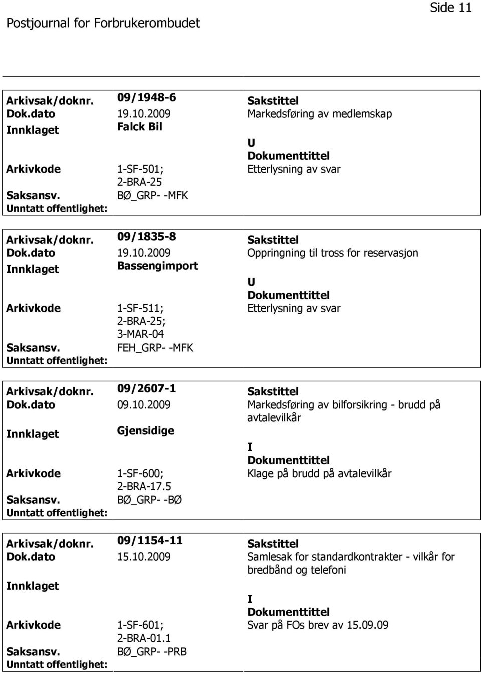 09/2607-1 Sakstittel Dok.dato 09.10.2009 Markedsføring av bilforsikring - brudd på avtalevilkår nnklaget Gjensidige 1-SF-600; 2-BRA-17.