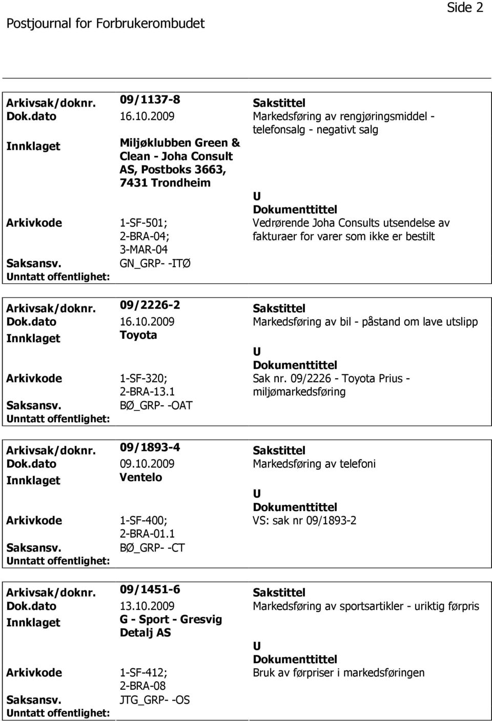 Vedrørende Joha Consults utsendelse av fakturaer for varer som ikke er bestilt Arkivsak/doknr. 09/2226-2 Sakstittel Dok.dato 16.10.