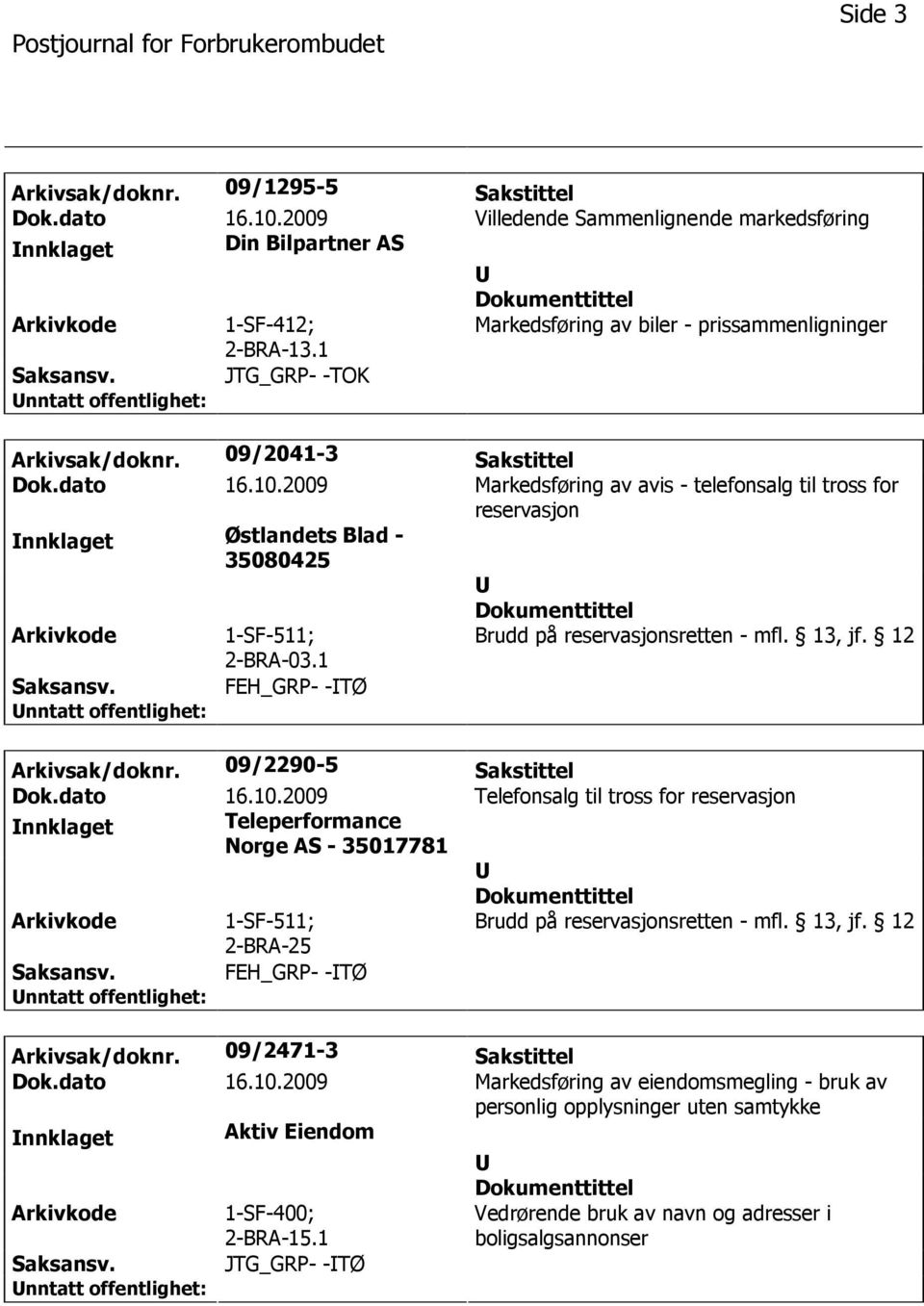 2009 Markedsføring av avis - telefonsalg til tross for reservasjon nnklaget Østlandets Blad - 35080425 1-SF-511; 2-BRA-03.1 Brudd på reservasjonsretten - mfl. 13, jf. 12 FEH_GRP- -TØ Arkivsak/doknr.