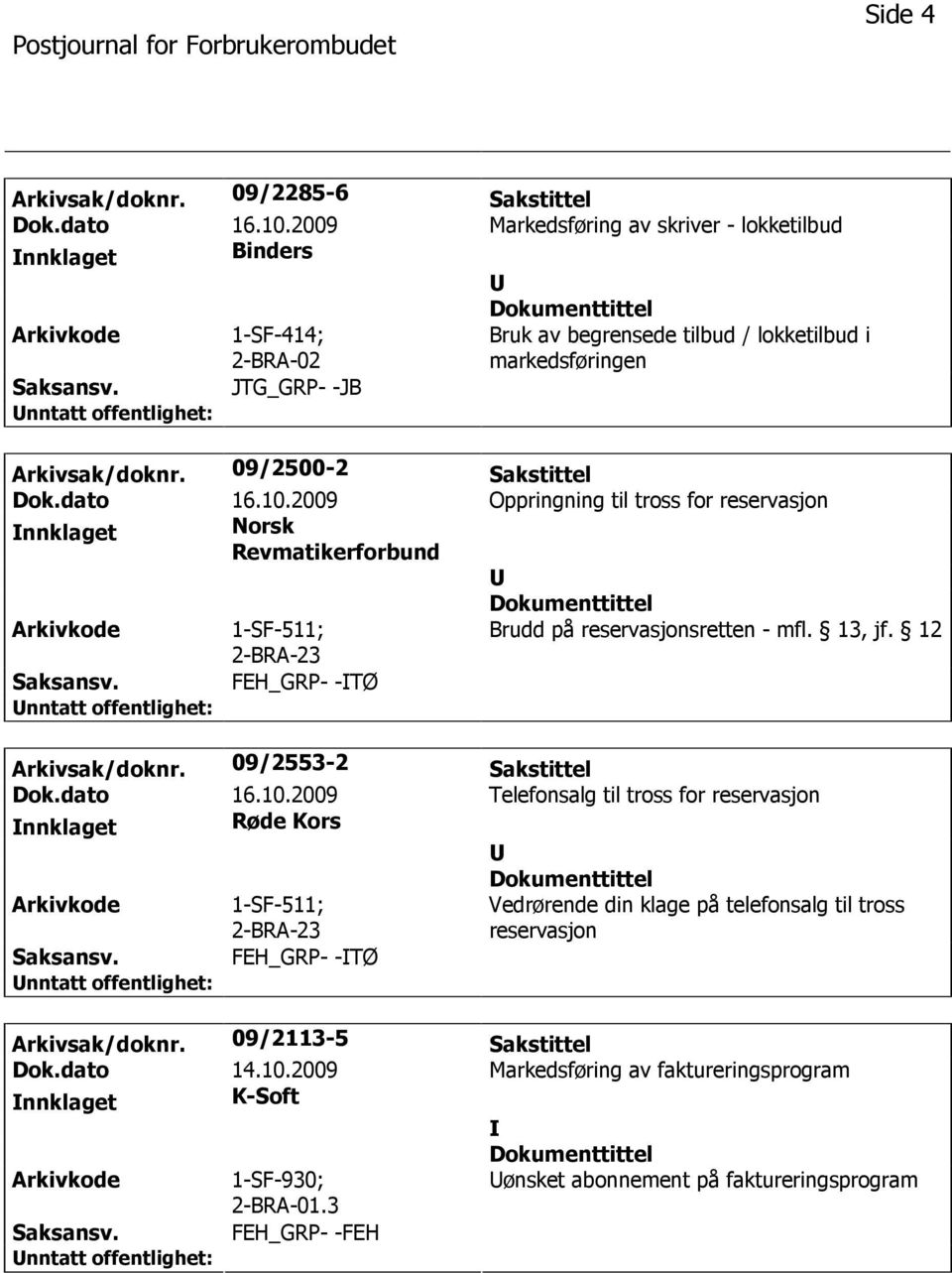 10.2009 Oppringning til tross for reservasjon nnklaget Norsk Revmatikerforbund 1-SF-511; 2-BRA-23 Brudd på reservasjonsretten - mfl. 13, jf. 12 FEH_GRP- -TØ Arkivsak/doknr. 09/2553-2 Sakstittel Dok.