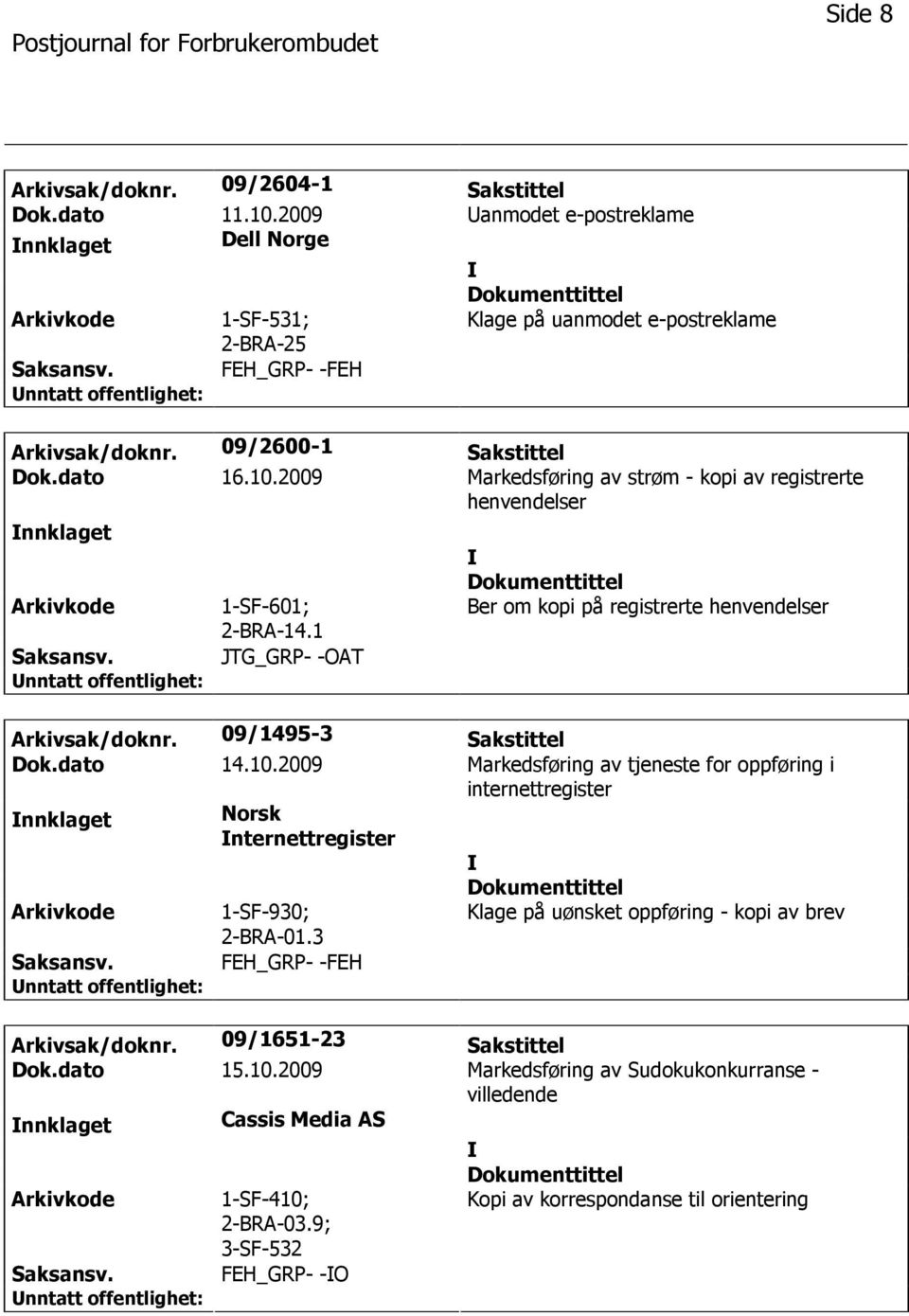 09/1495-3 Sakstittel Dok.dato 14.10.2009 Markedsføring av tjeneste for oppføring i internettregister nnklaget Norsk nternettregister 1-SF-930; 2-BRA-01.