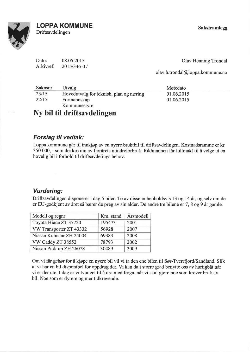 2015 01.06.2015 Forslag til vedtak: Loppa kommune går til innkjøp av en nyere bruktbil til driftsavdelingen. Kostnadsramme er kr 350 000, - som dekkes inn av fiorårets mindreforbruk.