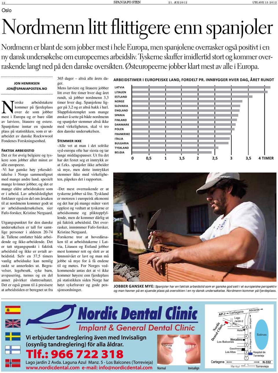 arbeidsliv. Tyskerne skuffer imidlertid stort og kommer overraskende langt ned på den danske oversikten. Østeuropeerne jobber klart mest av alle i Europa. JON HENRIKSEN JON@SPANIAPOSTEN.