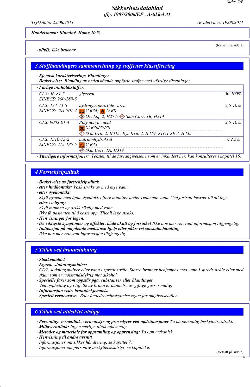 Farlige innholdsstoffer: CAS: 56-81-5 EIECS: 200-289-5 glycerol 50-100% CAS: 124-43-6 EIECS: 204-701-4 CAS: 9003-01-4 CAS: 1310-73-2 EIECS: 215-185-5 hydrogen peroxide--urea C R34; O R8 Ox. Liq.