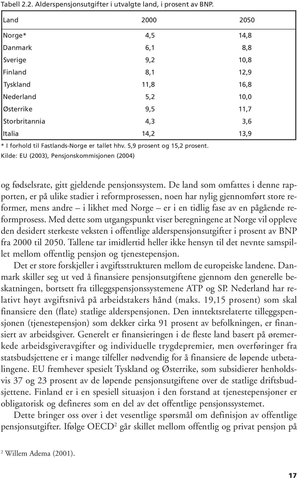 forhold til Fastlands-Norge er tallet hhv. 5,9 prosent og 15,2 prosent. Kilde: EU (2003), Pensjonskommisjonen (2004) og fødselsrate, gitt gjeldende pensjonssystem.