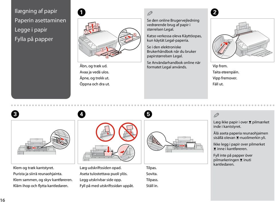 Öppna och dra ut. Se Användarhandbok online när formatet Legal används. Vip frem. Taita eteenpäin. Vipp fremover. Fäll ut. C D E Q Læg ikke papir i over H pilmærket inde i kantstyret.