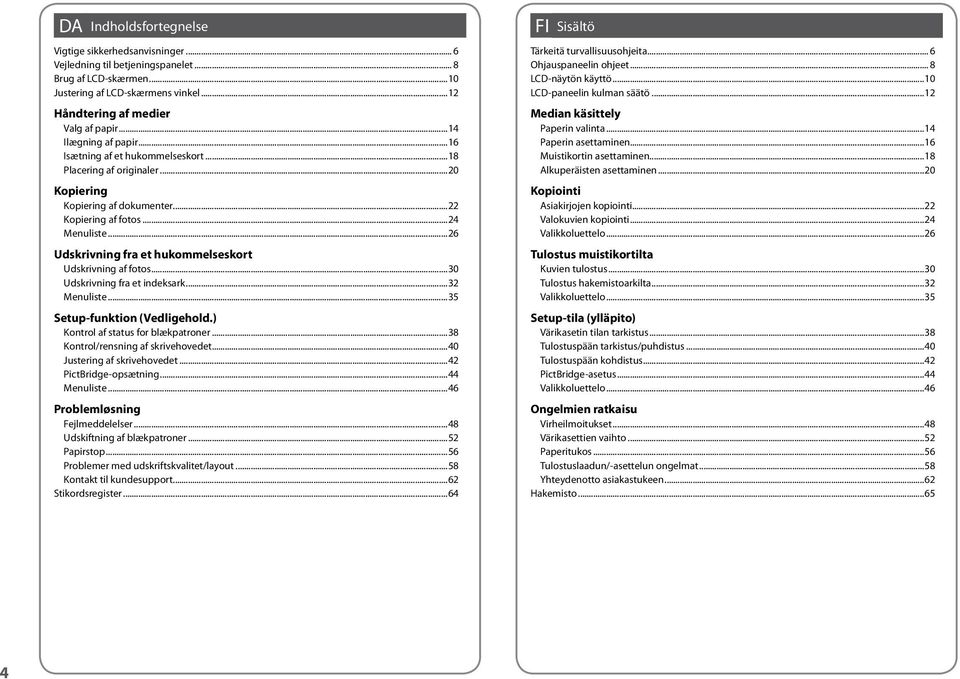 ..26 Udskrivning fra et hukommelseskort Udskrivning af fotos...30 Udskrivning fra et indeksark...32 Menuliste...35 Setup-funktion (Vedligehold.) Kontrol af status for blækpatroner.