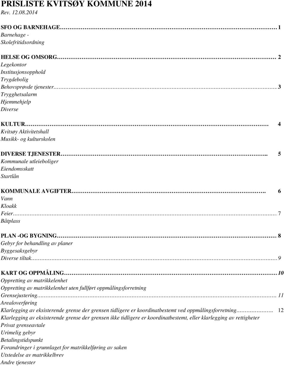 6 Vann Kloakk Feier 7 Båtplass PLAN -OG BYGNING 8 Gebyr for behandling av planer Byggesaksgebyr Diverse tiltak.9 KART OG OPPMÅLING.