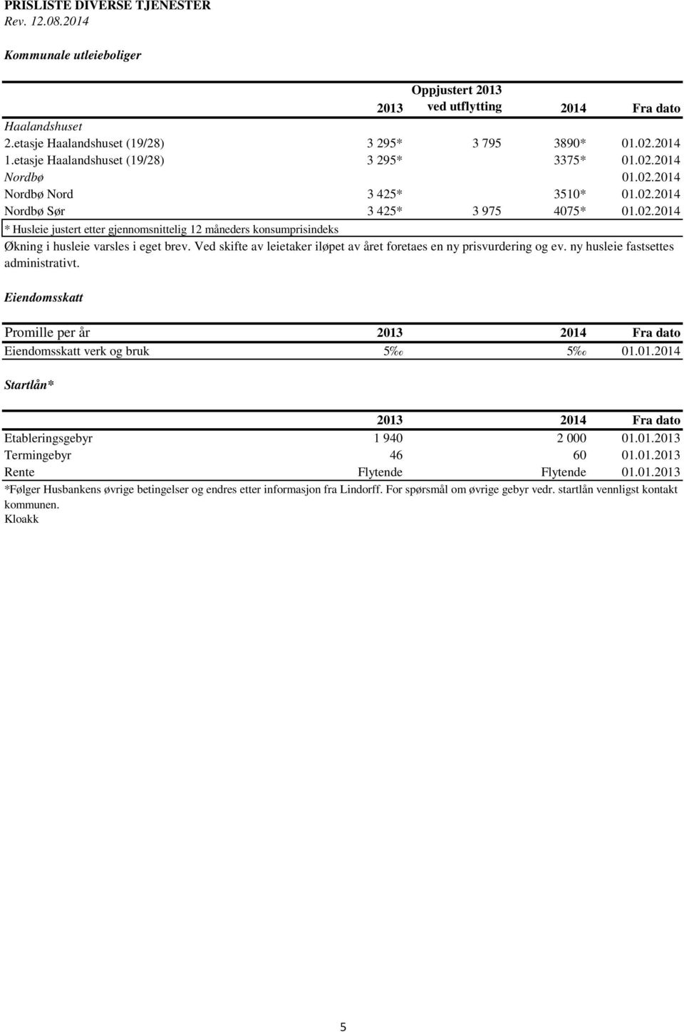 Ved skifte av leietaker iløpet av året foretaes en ny prisvurdering og ev. ny husleie fastsettes administrativt. Eiendomsskatt Promille per år Eiendomsskatt verk og bruk 5 5 01.