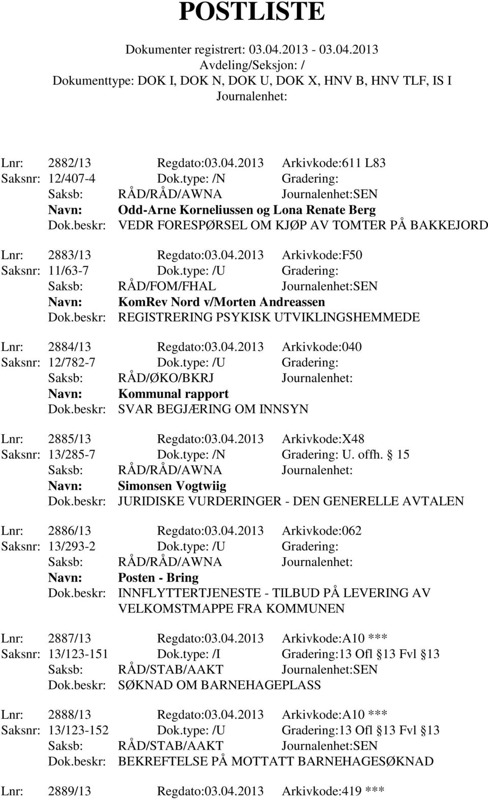 type: /U Gradering: Saksb: RÅD/FOM/FHAL SEN Navn: KomRev Nord v/morten Andreassen Dok.beskr: REGISTRERING PSYKISK UTVIKLINGSHEMMEDE Lnr: 2884/13 Regdato:03.04.2013 Arkivkode:040 Saksnr: 12/782-7 Dok.