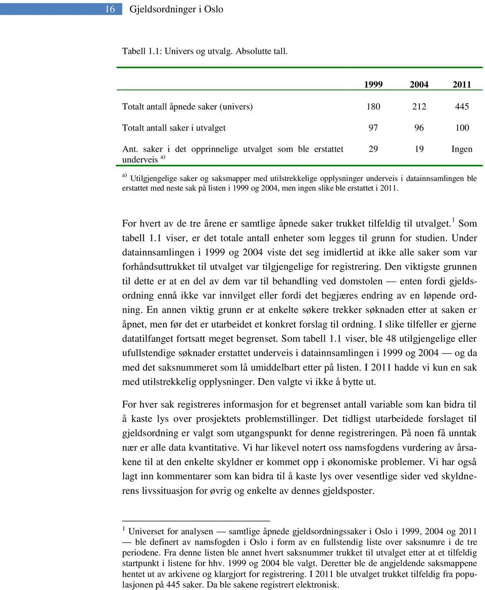 neste sak på listen i 1999 og 2004, men ingen slike ble erstattet i 2011. For hvert av de tre årene er samtlige åpnede saker trukket tilfeldig til utvalget. 1 Som tabell 1.