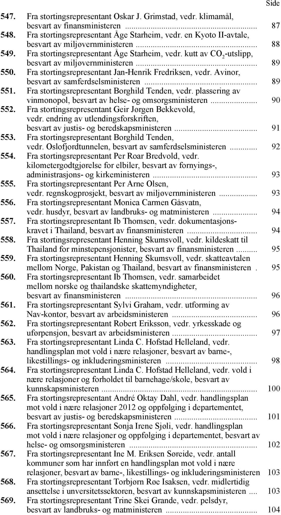 Fra stortingsrepresentant Jan-Henrik Fredriksen, vedr. Avinor, besvart av samferdselsministeren... 89 551. Fra stortingsrepresentant Borghild Tenden, vedr.