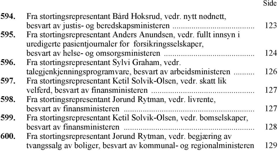 talegjenkjenningsprogramvare, besvart av arbeidsministeren... 126 597. Fra stortingsrepresentant Ketil Solvik-Olsen, vedr. skatt lik velferd, besvart av finansministeren... 127 598.