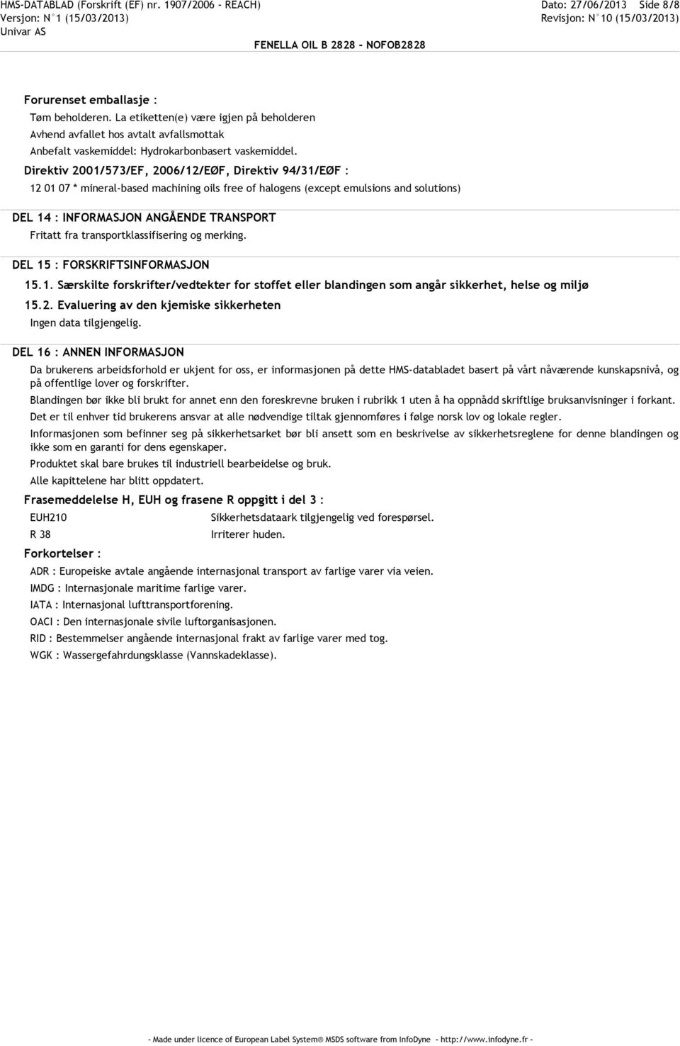 Direktiv 2001/573/EF, 2006/12/EØF, Direktiv 94/31/EØF : 12 01 07 * mineral-based machining oils free of halogens (except emulsions and solutions) DEL 14 : INFORMASJON ANGÅENDE TRANSPORT Fritatt fra