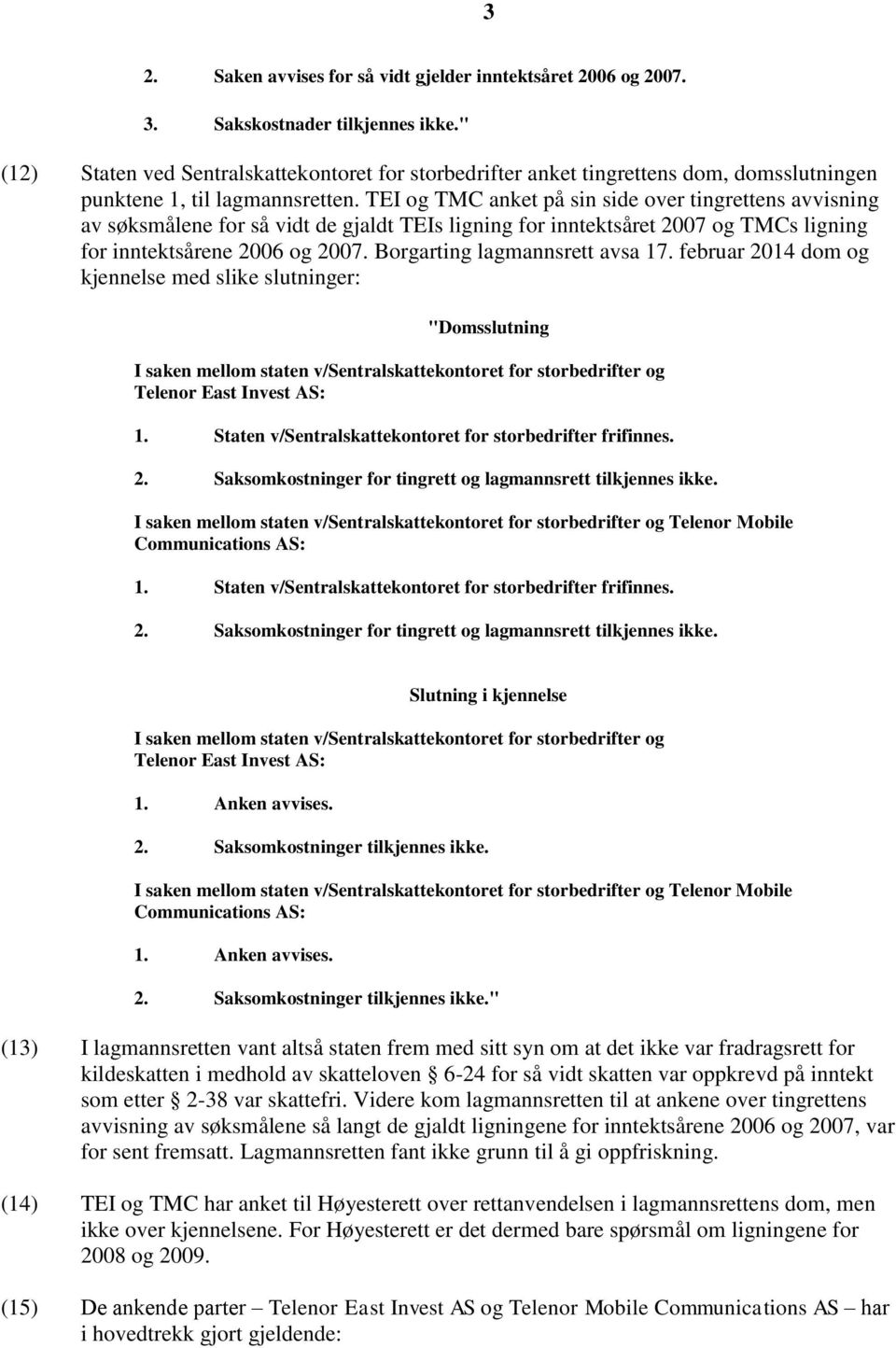 TEI og TMC anket på sin side over tingrettens avvisning av søksmålene for så vidt de gjaldt TEIs ligning for inntektsåret 2007 og TMCs ligning for inntektsårene 2006 og 2007.