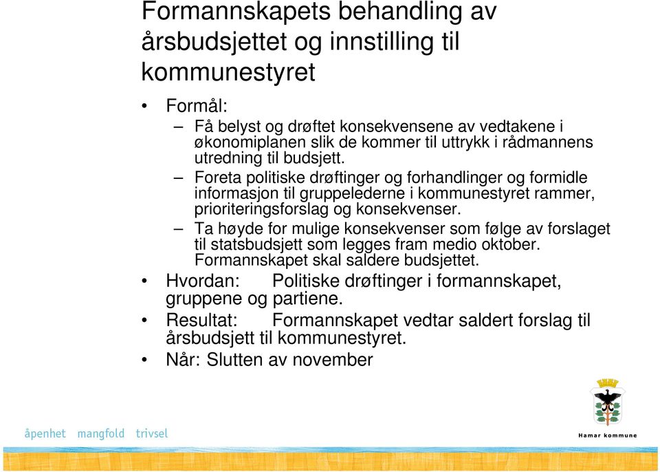 Foreta politiske drøftinger og forhandlinger og formidle informasjon til gruppelederne i kommunestyret rammer, prioriteringsforslag og konsekvenser.