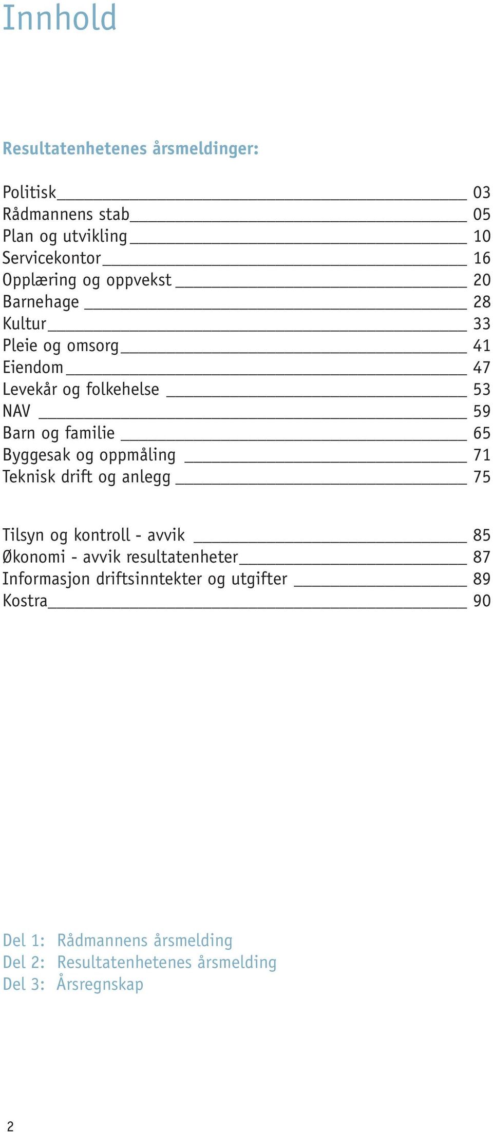 Byggesak og oppmåling 71 Teknisk drift og anlegg 75 Tilsyn og kontroll - avvik 85 Økonomi - avvik resultatenheter 87