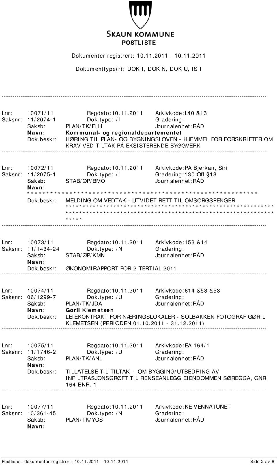 10072/11 Regdato:10.11.2011 Arkivkode:PA Bjerkan, Siri Saksnr: 11/2075-1 Dok.