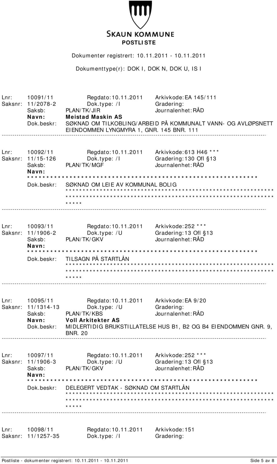 111 Lnr: 10092/11 Regdato:10.11.2011 Arkivkode:613 H46 *** Saksnr: 11/15-126 Dok.