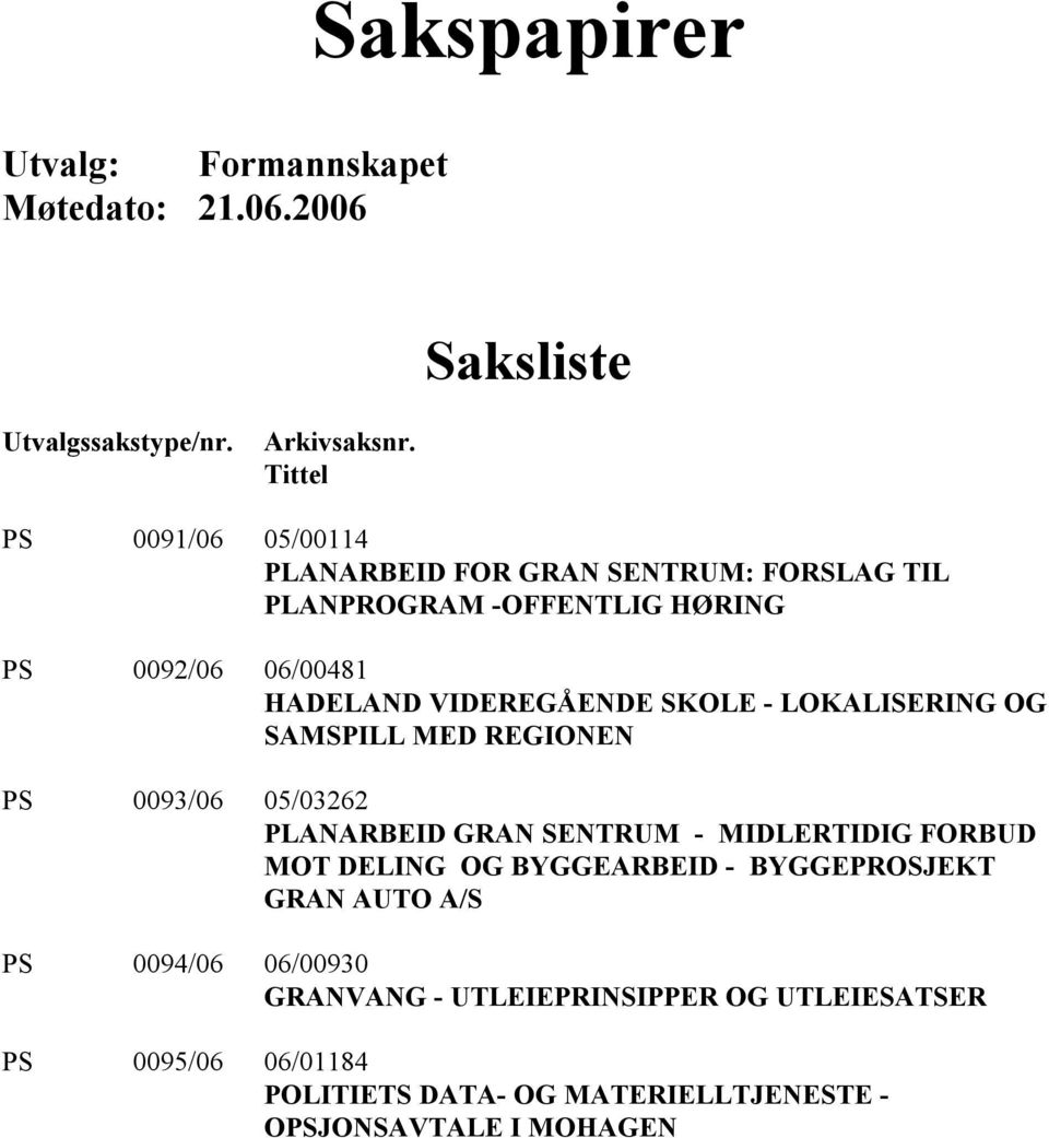 VIDEREGÅENDE SKOLE - LOKALISERING OG SAMSPILL MED REGIONEN PS 0093/06 05/03262 PLANARBEID GRAN SENTRUM - MIDLERTIDIG FORBUD MOT DELING OG