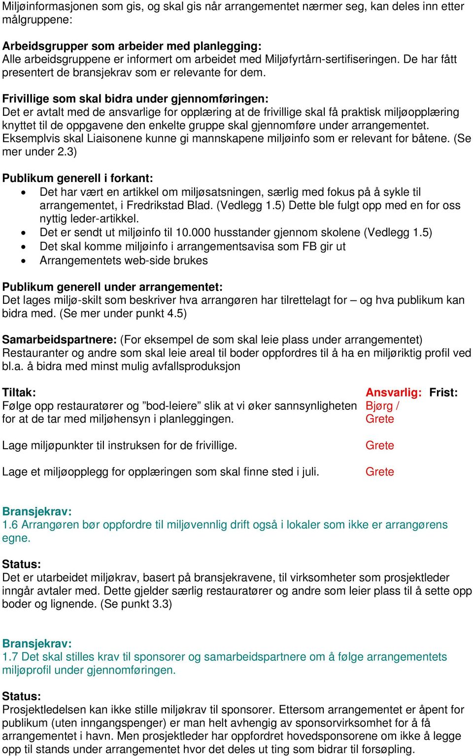 Frivillige som skal bidra under gjennomføringen: Det er avtalt med de ansvarlige for opplæring at de frivillige skal få praktisk miljøopplæring knyttet til de oppgavene den enkelte gruppe skal