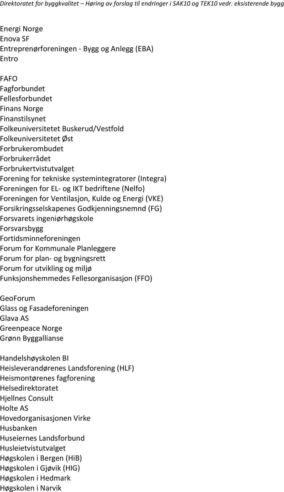 (VKE) Forsikringsselskapenes Godkjenningsnemnd (FG) Forsvarets ingeniørhøgskole Forsvarsbygg Fortidsminneforeningen Forum for Kommunale Planleggere Forum for plan- og bygningsrett Forum for utvikling