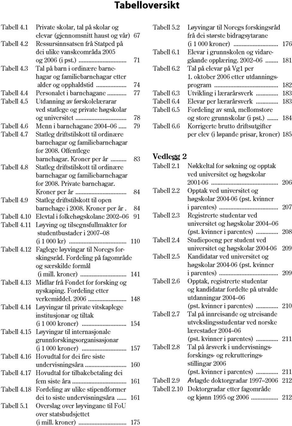 5 Utdanning av førskolelærarar ved statlege og private høgskolar og universitet... 78 Tabell 4.6 Menn i barnehagane 2004 06... 79 Tabell 4.