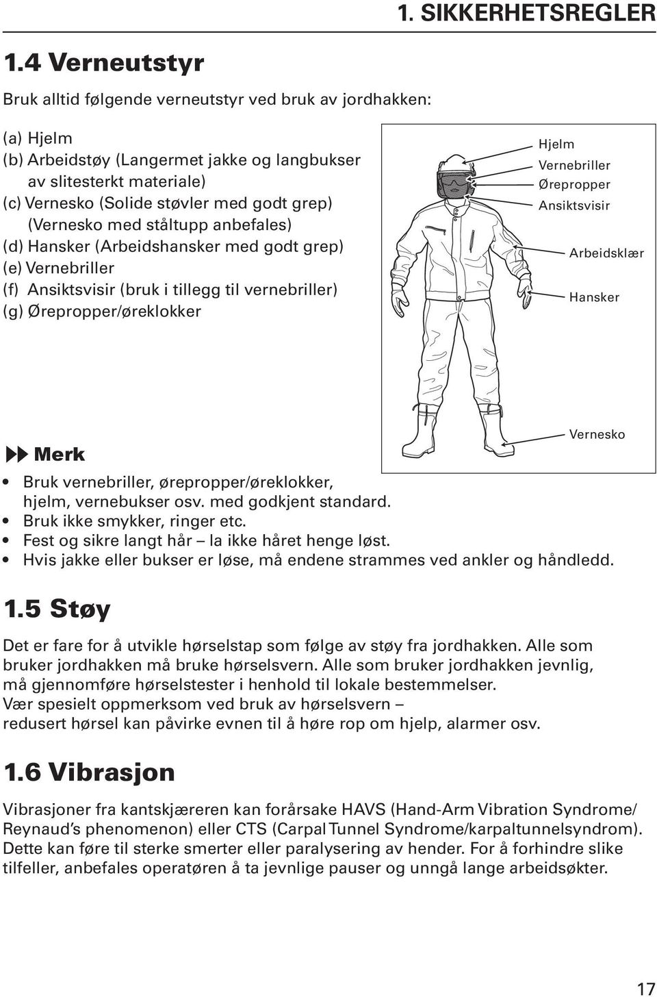 (Vernesko med ståltupp anbefales) (d) Hansker (Arbeidshansker med godt grep) (e) Vernebriller (f) Ansiktsvisir (bruk i tillegg til vernebriller) (g) Ørepropper/øreklokker Hjelm Vernebriller