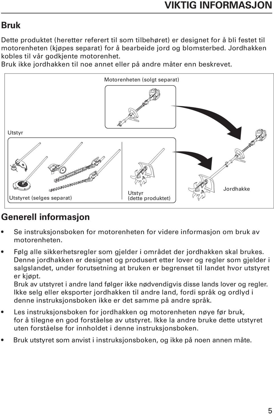 Motorenheten (solgt separat) Utstyr Utstyret (selges separat) Utstyr (dette produktet) Jordhakke Generell informasjon Se instruksjonsboken for motorenheten for videre informasjon om bruk av