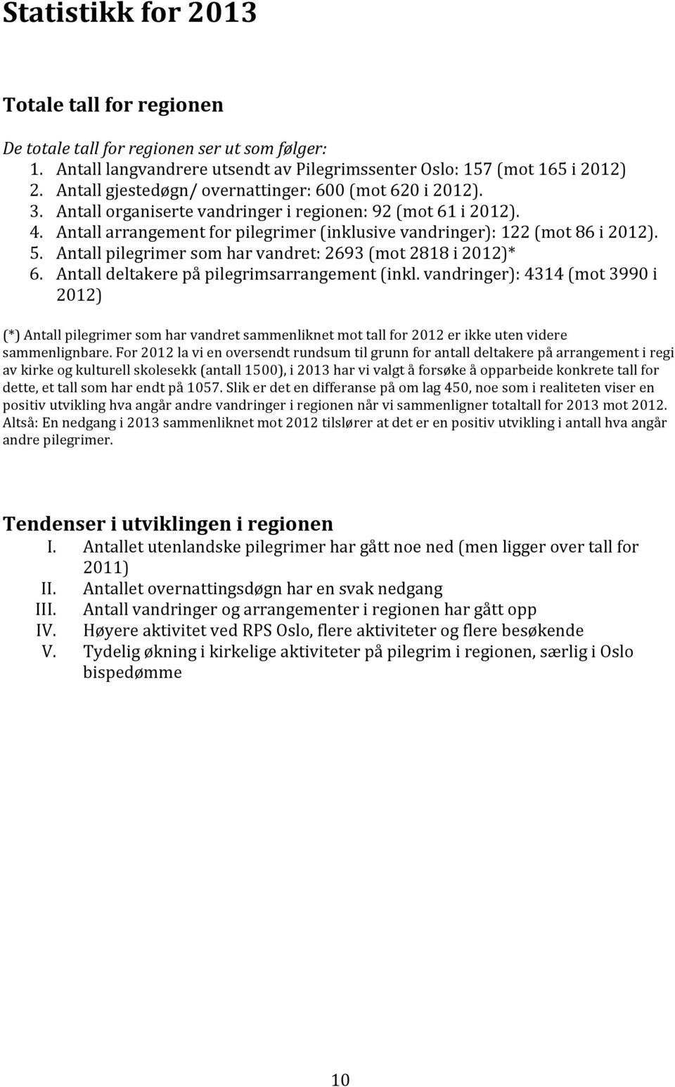 Antall arrangement for pilegrimer (inklusive vandringer): 122 (mot 86 i 2012). 5. Antall pilegrimer som har vandret: 2693 (mot 2818 i 2012)* 6. Antall deltakere på pilegrimsarrangement (inkl.