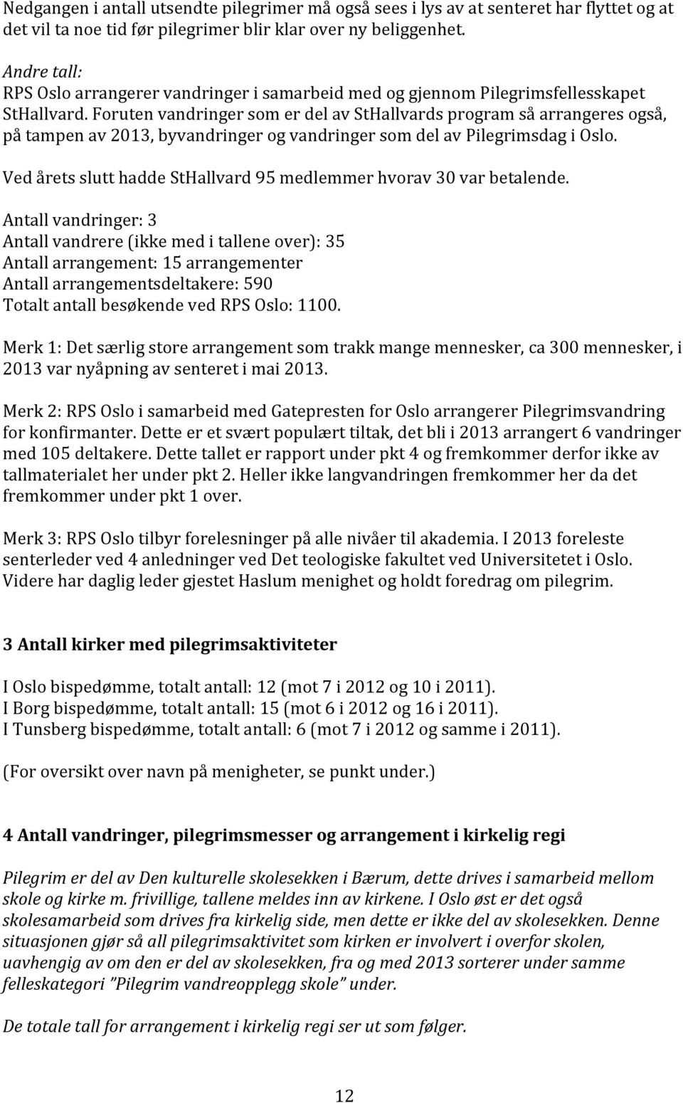 Foruten vandringer som er del av StHallvards program så arrangeres også, på tampen av 2013, byvandringer og vandringer som del av Pilegrimsdag i Oslo.