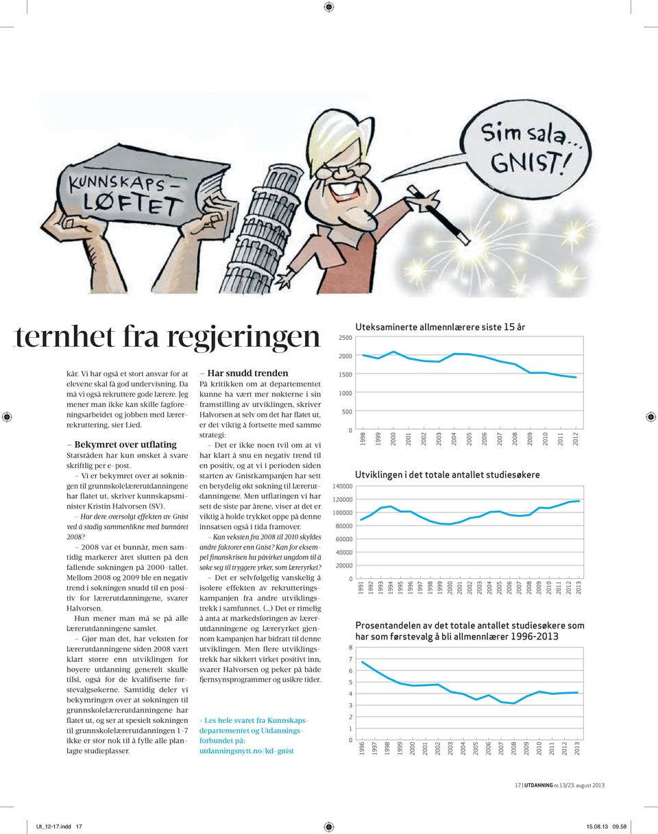 Vi er bekymret over at søkningen til grunnskolelærerutdanningene har flatet ut, skriver kunnskapsminister Kristin Halvorsen (SV).