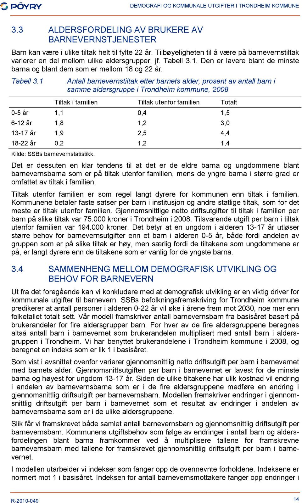 1 Antall barnevernstiltak etter barnets alder, prosent av antall barn i samme aldersgruppe i Trondheim kommune, 2008 Tiltak i familien Tiltak utenfor familien Totalt 0-5 år 1,1 0,4 1,5 6-12 år 1,8