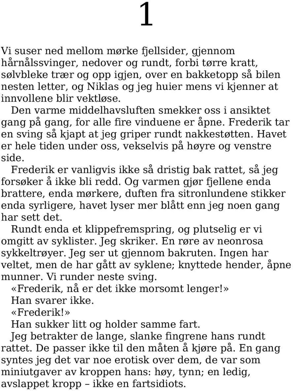 Havet er hele tiden under oss, vekselvis på høyre og venstre side. Frederik er vanligvis ikke så dristig bak rattet, så jeg forsøker å ikke bli redd.