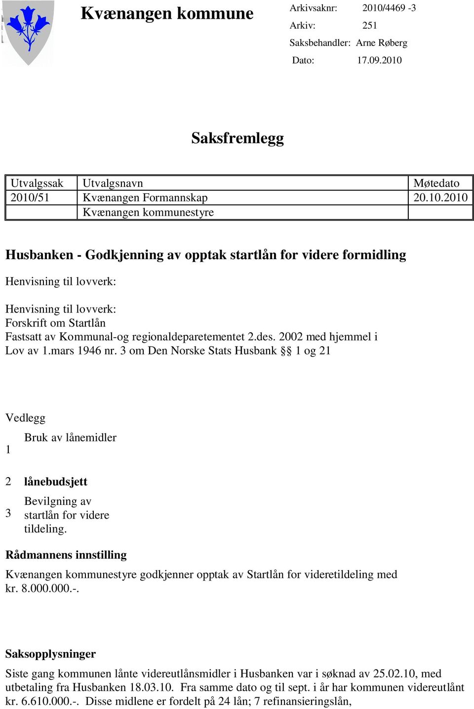 Saksfremlegg Utvalgssak Utvalgsnavn Møtedato 2010/