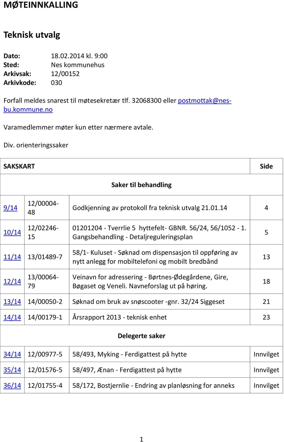 no 12/00004-48 Saker til behandling Godkjenning av protokoll fra teknisk utvalg 21.01.14 4 10/14 12/02246-15 01201204 - Tverrlie 5 hyttefelt- GBNR. 56/24, 56/1052-1.