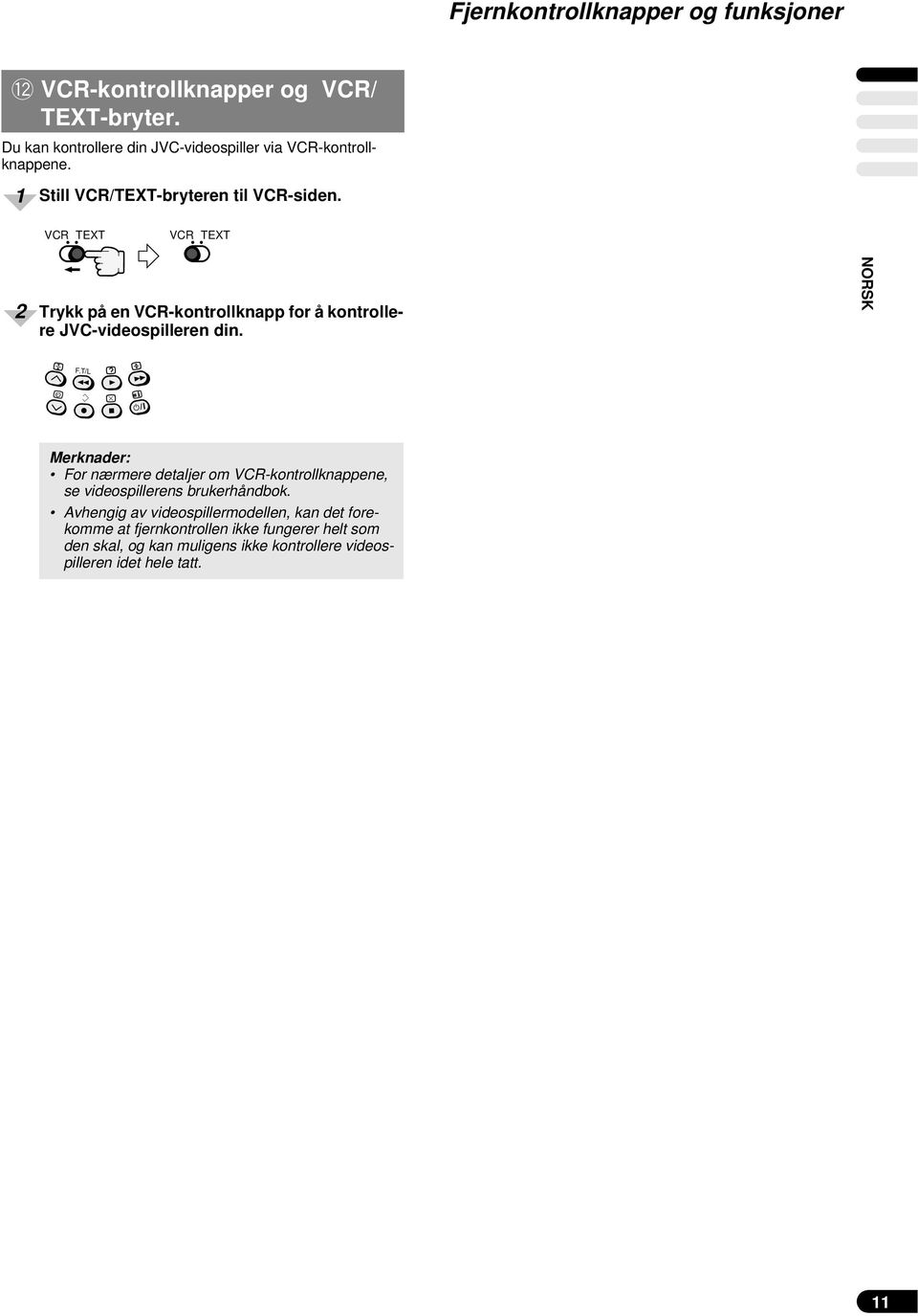 VCR TEXT VCR TEXT Trykk på en VCR-kontrollknapp for å kontrollere JVC-videospilleren din. NORSK F.