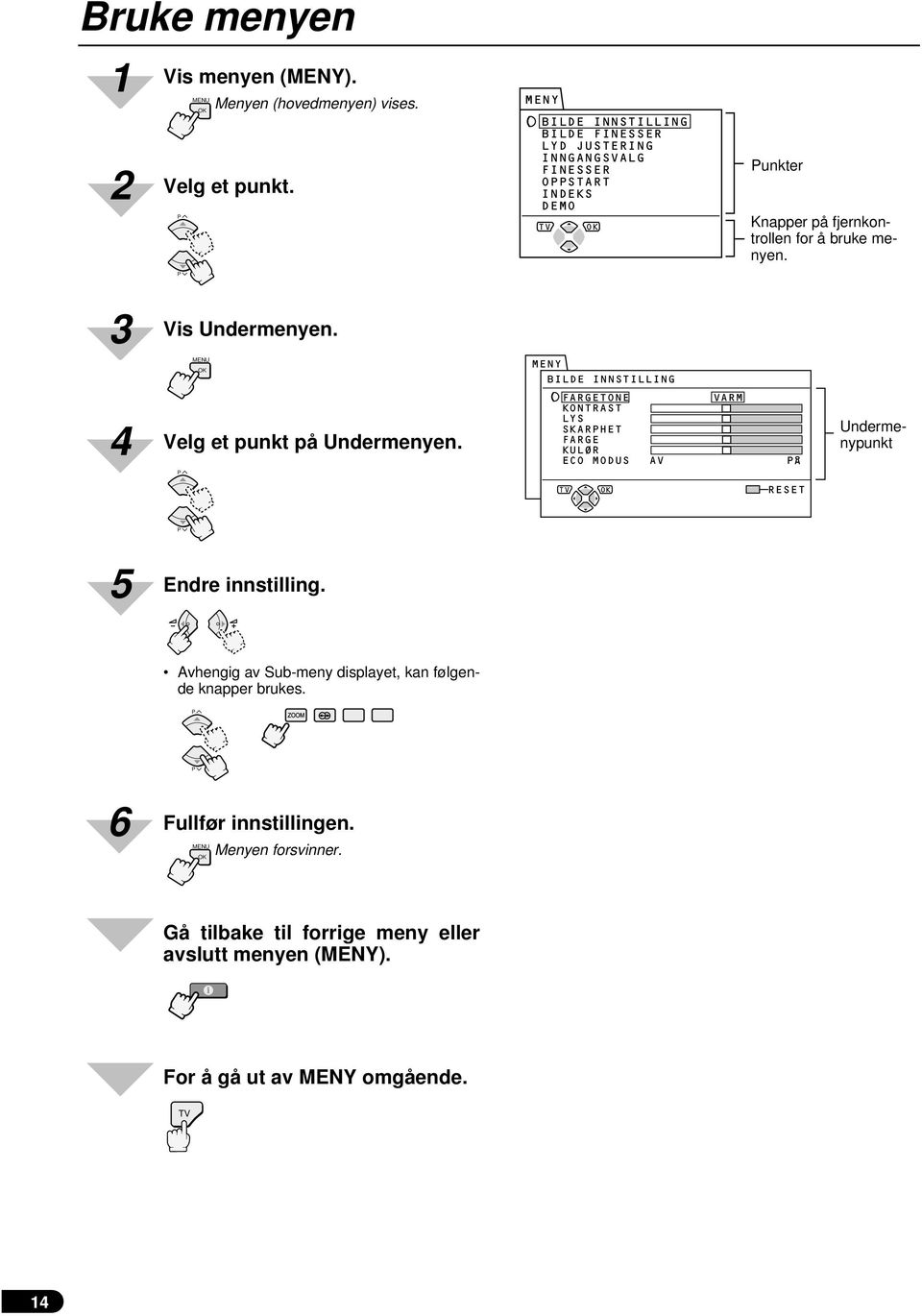 Vis Undermenyen. MENY BILDE INNSTILLING 4 Velg et punkt på Undermenyen.