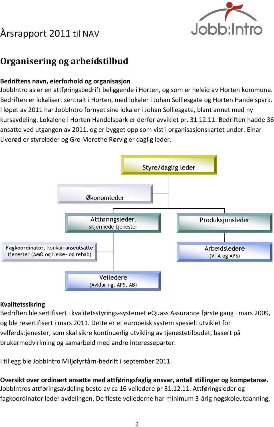 I løpet av 2011 har JobbIntro fornyet sine lokaler i Johan Solliesgate, blant annet med ny kursavdeling. Lokalene i Horten Handelspark er derfor avviklet pr. 31.12.11. Bedriften hadde 36 ansatte ved utgangen av 2011, og er bygget opp som vist i organisasjonskartet under.