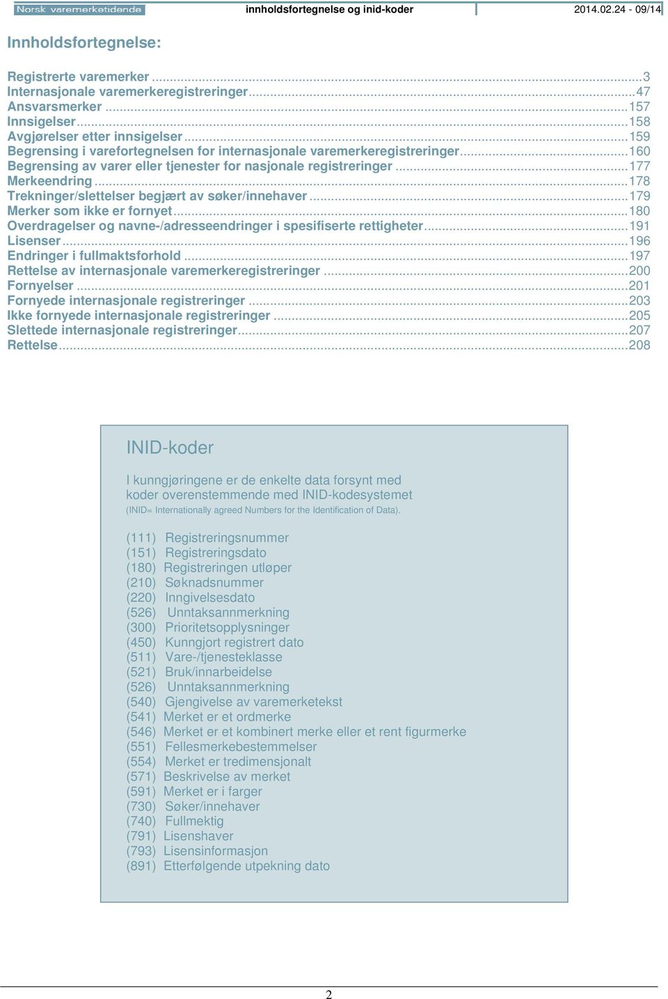 .. 177 Merkeendring... 178 Trekninger/slettelser begjært av søker/innehaver... 179 Merker som ikke er fornyet... 180 Overdragelser og navne-/adresseendringer i spesifiserte rettigheter... 191 Lisenser.