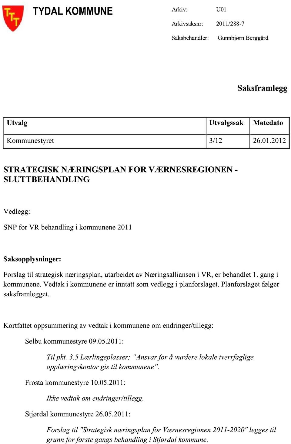 /288-7 Saksbehandler: GunnbjørnBerggård Saksframlegg Utvalg Utvalgssak Møtedato Kommunestyret 3/12 26.01.