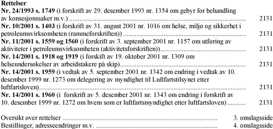 1157 om utføring av aktiviteter i petroleumsvirksomheten (aktivitetsforskriften))... 2131 Nr. 14/2001 s. 1918 og 1919 (i forskift av 19. oktober 2001 nr.