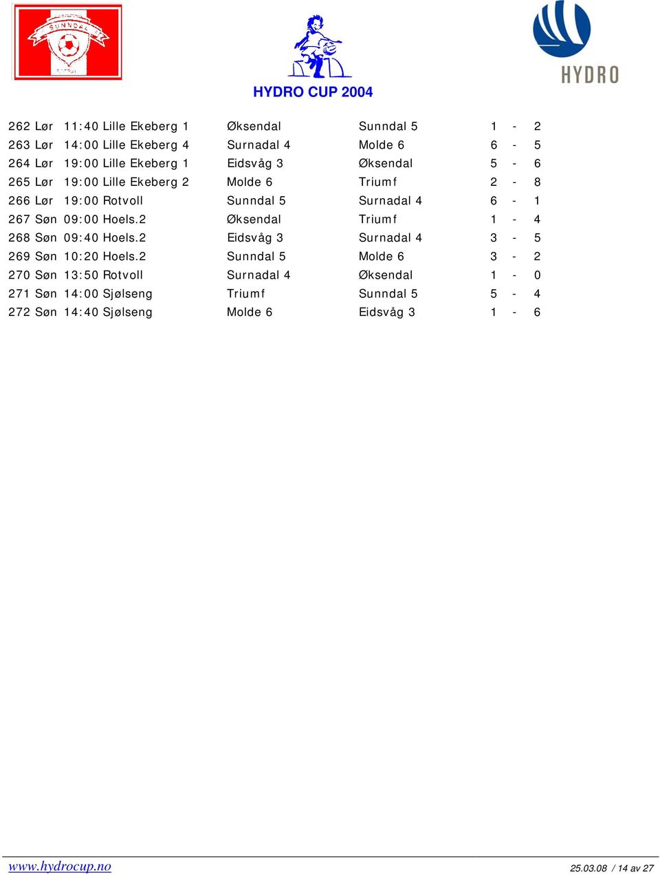 2 Øksendal Triumf 1-4 268 Søn 09:40 Hoels.2 Eidsvåg 3 Surnadal 4 3-5 269 Søn 10:20 Hoels.