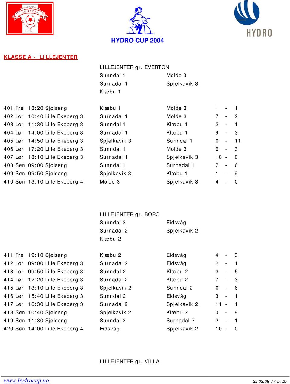 1 2-1 404 Lør 14:00 Lille Ekeberg 3 Surnadal 1 Klæbu 1 9-3 405 Lør 14:50 Lille Ekeberg 3 Spjelkavik 3 Sunndal 1 0-11 406 Lør 17:20 Lille Ekeberg 3 Sunndal 1 Molde 3 9-3 407 Lør 18:10 Lille Ekeberg 3