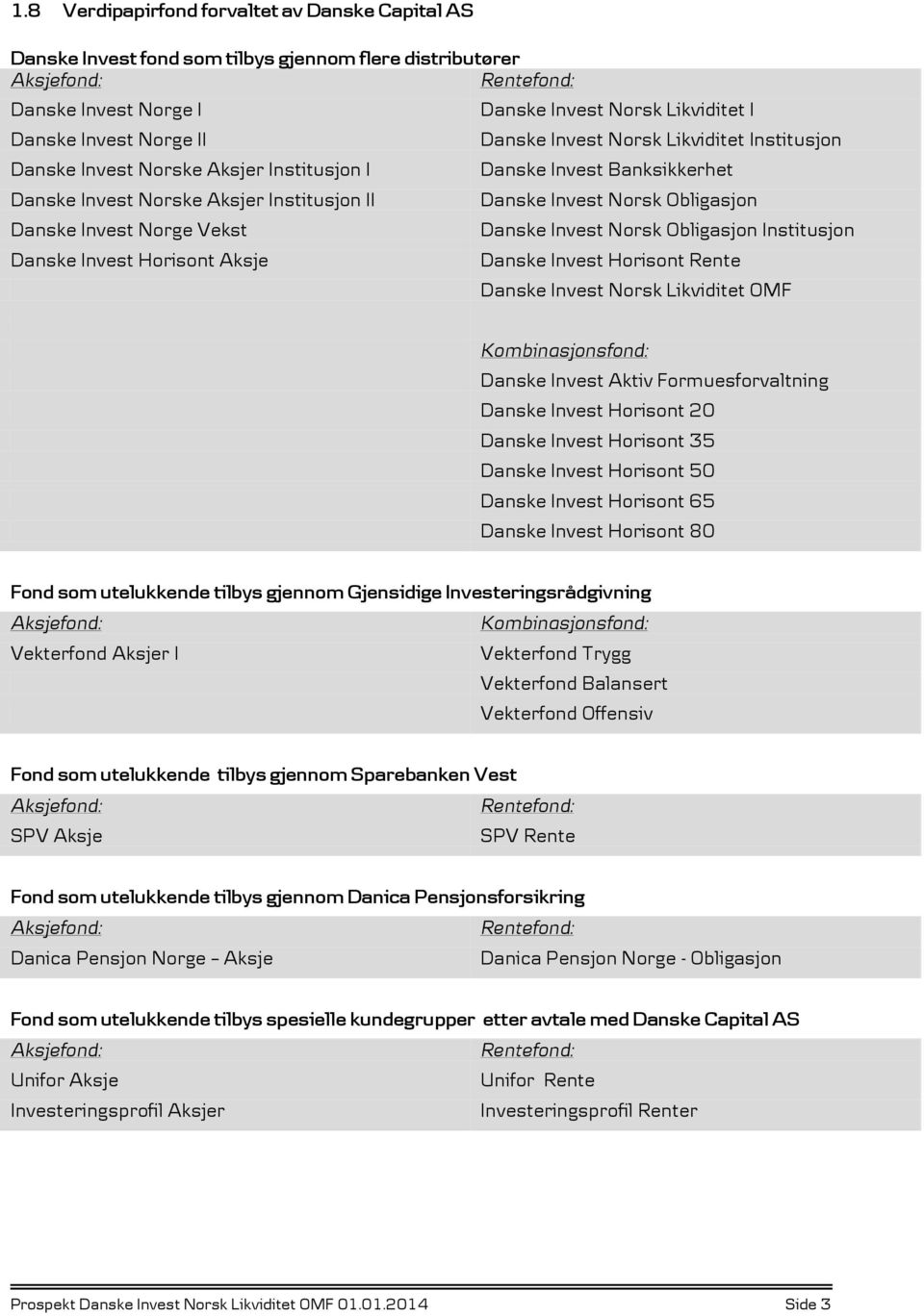 Danske Invest Banksikkerhet Danske Invest Norsk Obligasjon Danske Invest Norsk Obligasjon Institusjon Danske Invest Horisont Rente Danske Invest Norsk Likviditet OMF Kombinasjonsfond: Danske Invest