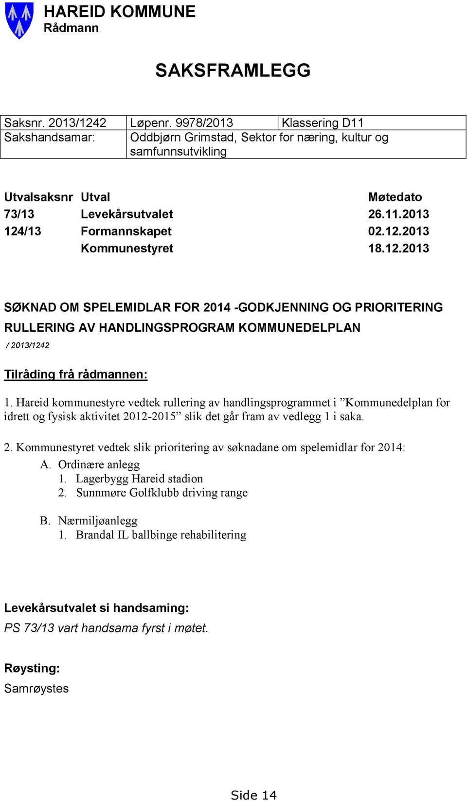 12.2013 SØKNAD OM SPELEMIDLAR FOR 2014 -GODKJENNING OG PRIORITERING RULLERING AV HANDLINGSPROGRAM KOMMUNEDELPLAN / 2013/1242 Tilråding frå rådmannen: 1.