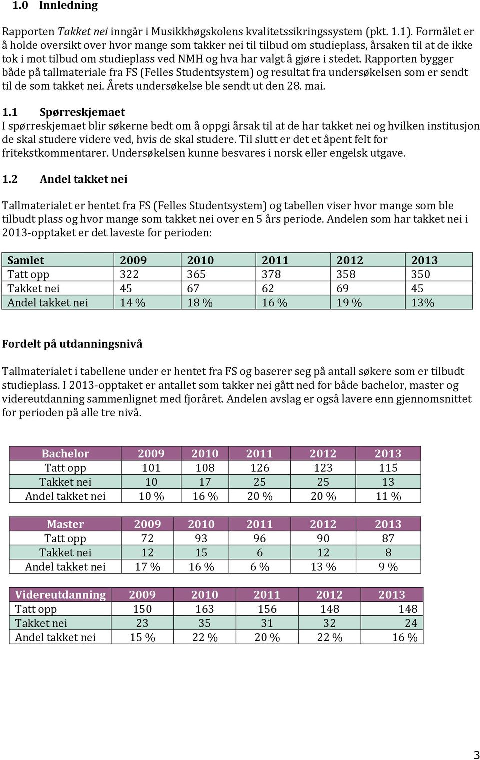 Rapporten bygger både på tallmateriale fra FS (Felles Studentsystem) og resultat fra undersøkelsen som er sendt til de som takket nei. Årets undersøkelse ble sendt ut den 28. mai. 1.